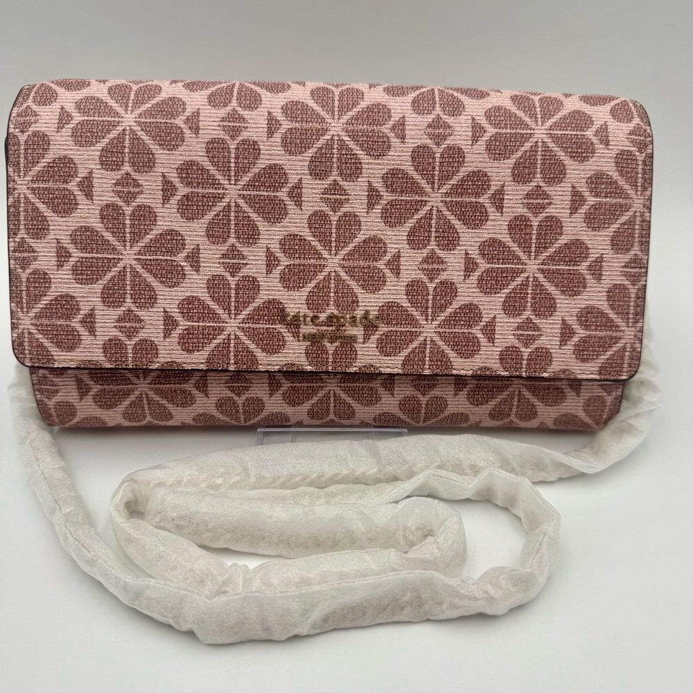 Kate Spade Coated Canvas Wallet On Chain Crossbody Flower Pink Burgundy Silver
